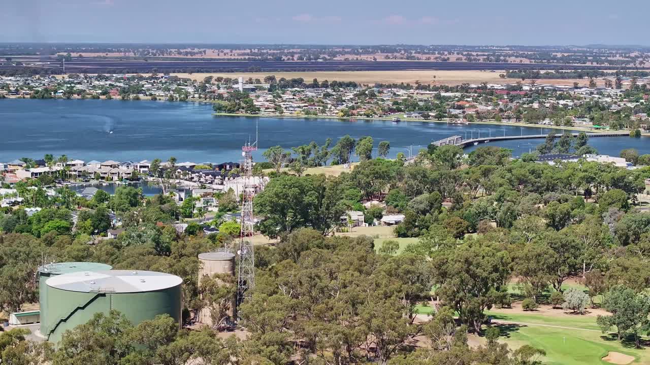 Towards water tanks and mast and onwards to the bridge and Yarrawonga Victoria beyond
