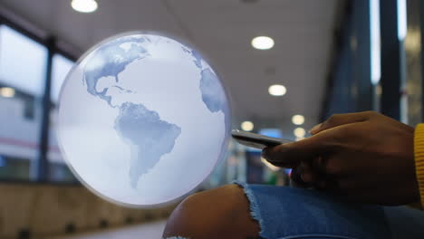 animation of red shapes and globe over biracial woman using smartphone