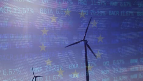 Animation-of-financial-data-and-eu-flag-over-landscape-with-wind-turbines