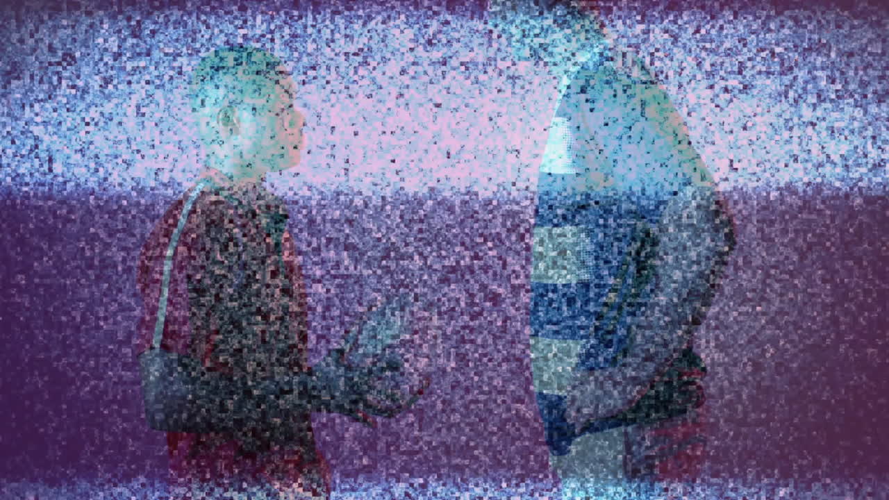 two male athletes facing off in glitch-art studio, showcasing sports technology with glowing ball