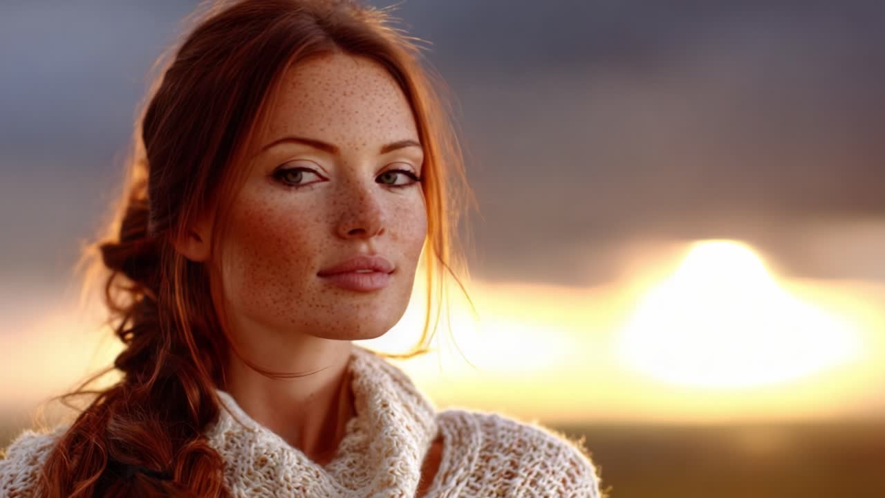 A Beautiful Young Woman with Freckles and Long Red Hair Enjoys a Serene Sunset, Dressed in a Cozy Sweater, Capturing the Essence of Tranquility and Beauty in Nature