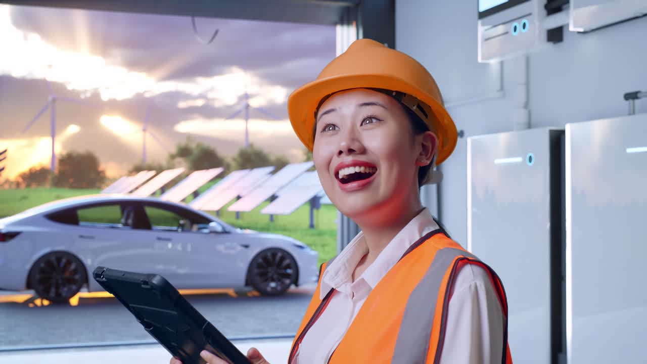 Close Up Side View Of Asian Female Engineer With Safety Helmet Looking At The Tablet In Her Hand And Looking Around With Home Energy Storage System In a Modern Garage