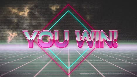 animation of you win text over white lines on purple background