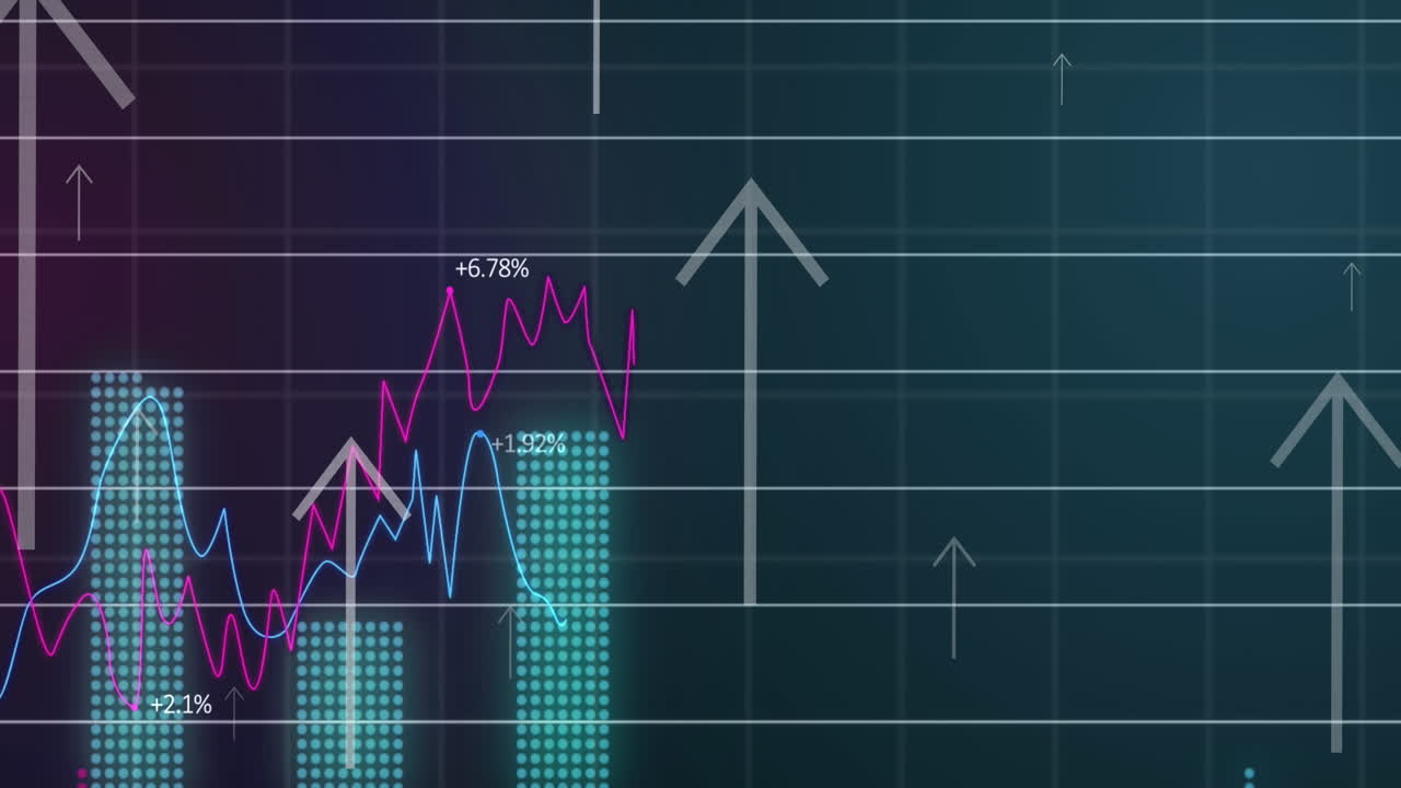 Animation of up arrows with multiple graphs and changing numbers over black background