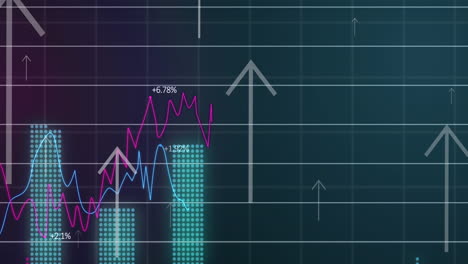 animación de flechas hacia arriba con múltiples gráficos y números cambiantes sobre fondo negro
