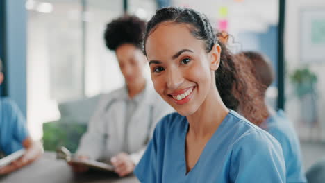 worker, face or nurse in hospital meeting