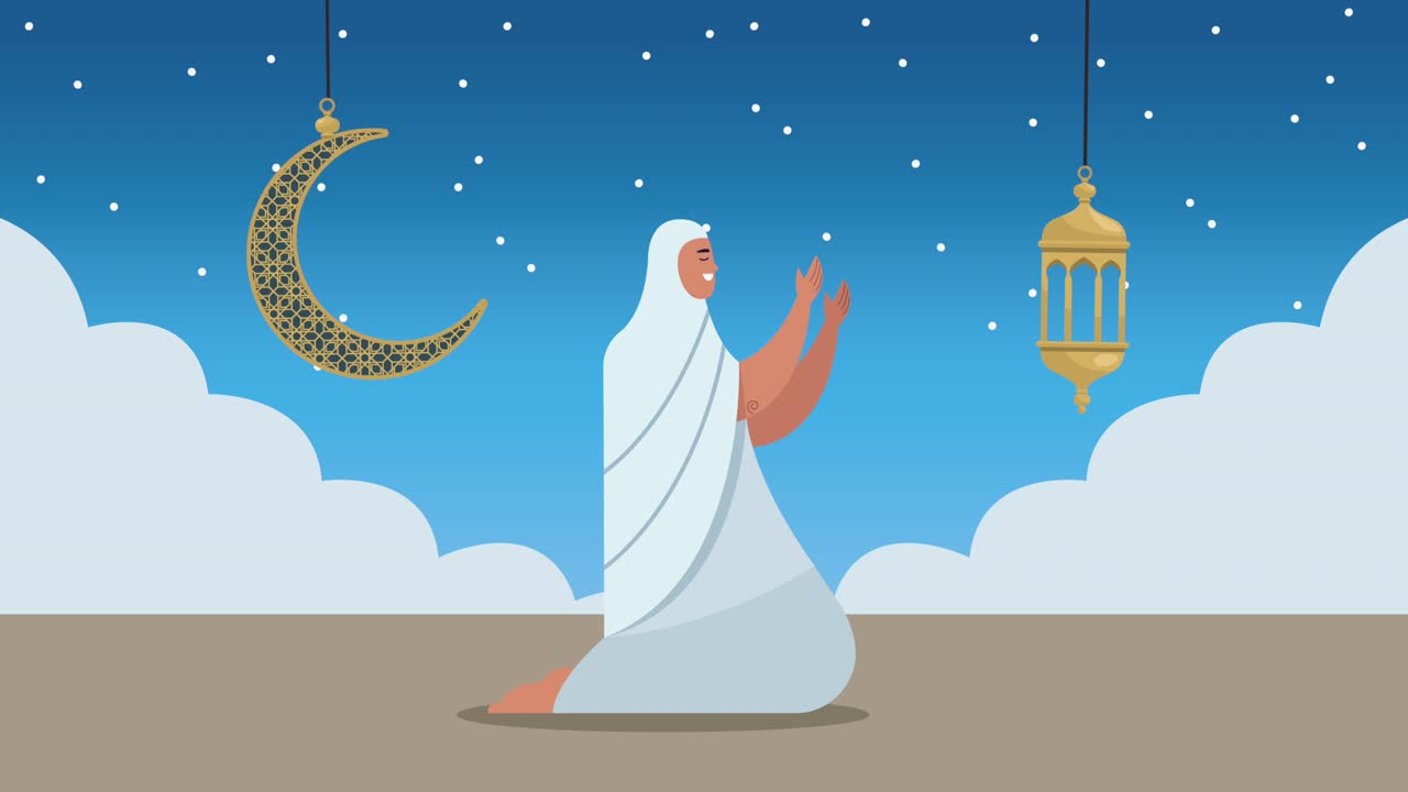 hajj mabrour celebrando con la mujer orando y colgando linterna