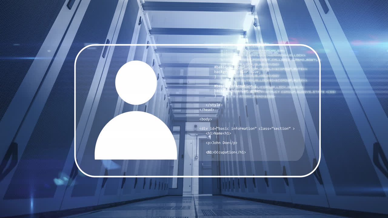 animación de iconos digitales, servidores informáticos y procesamiento de datos