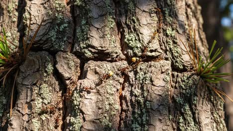 close-up view of textured tree bark highlighting the unique patterns and natural elements like lichen and pine needles in a sunlit environment
