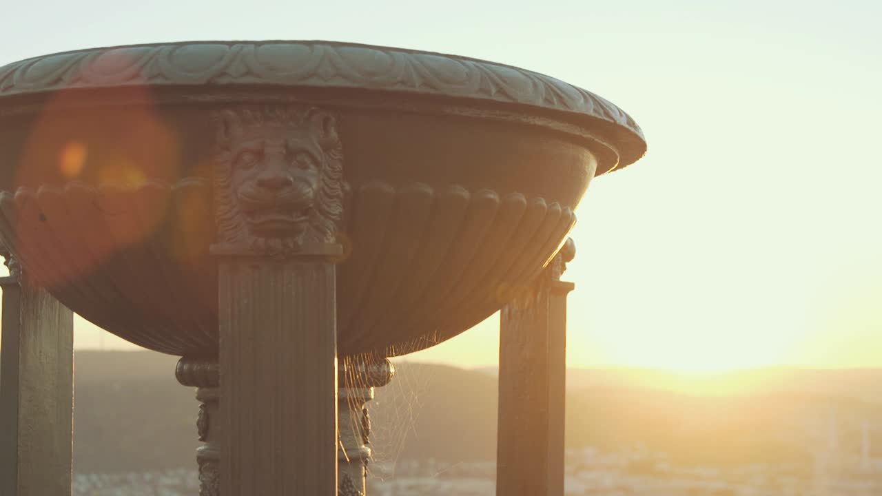 static shot of a lion's stature, with a spiderweb moving in the wind, in the sunset,  at Stuttgart, Baden Württenberg, in Germany