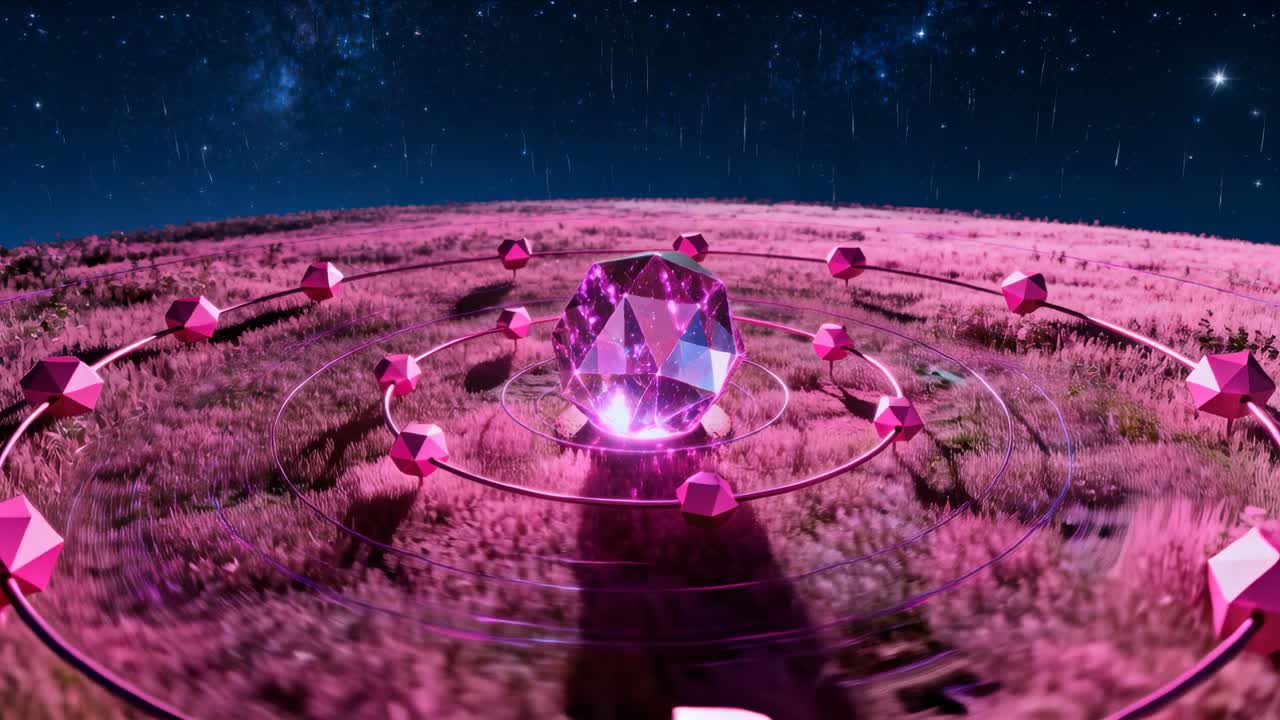 Riscos no céu causando o carregamento de cristais, anéis de luz, nós faiscantes, tingindo a grama para tecnologia.