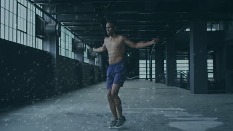 jumping rope, shirtless man in gym with animation of snow effect