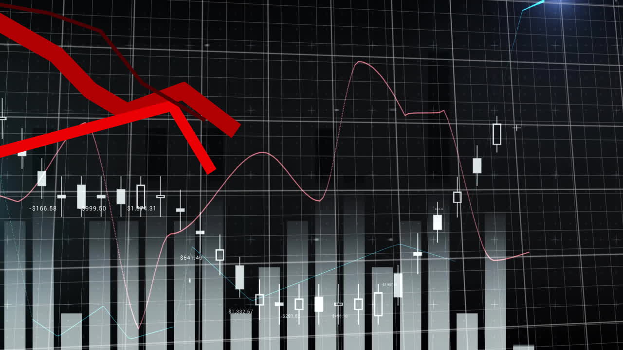 Animation of financial data processing on black background