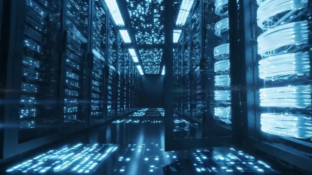 A Glimpse into the Future of Technology: Captivating Visuals of a State-of-the-Art Data Center with Rows of Server Racks Illuminated by Futuristic Blue LED Lighting