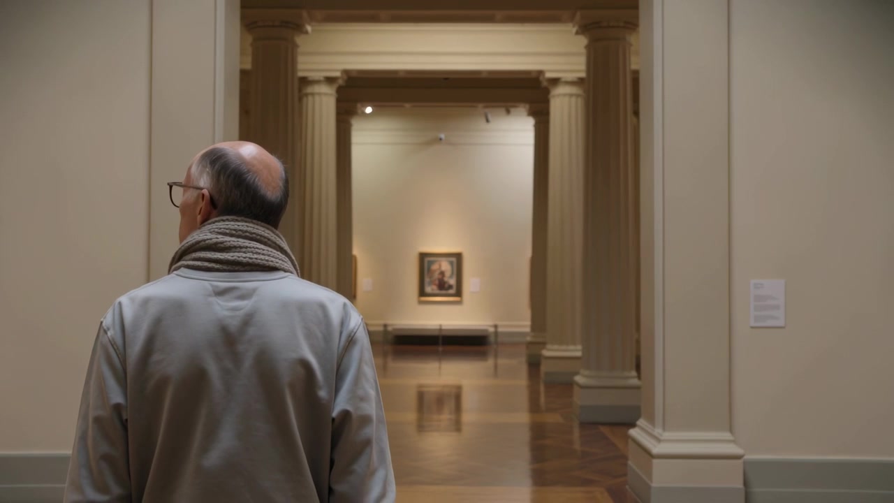 Uomo con cappotto chiaro e sciarpa che cammina in una galleria, dirigendosi verso un quadro illuminato mentre legge una targa.