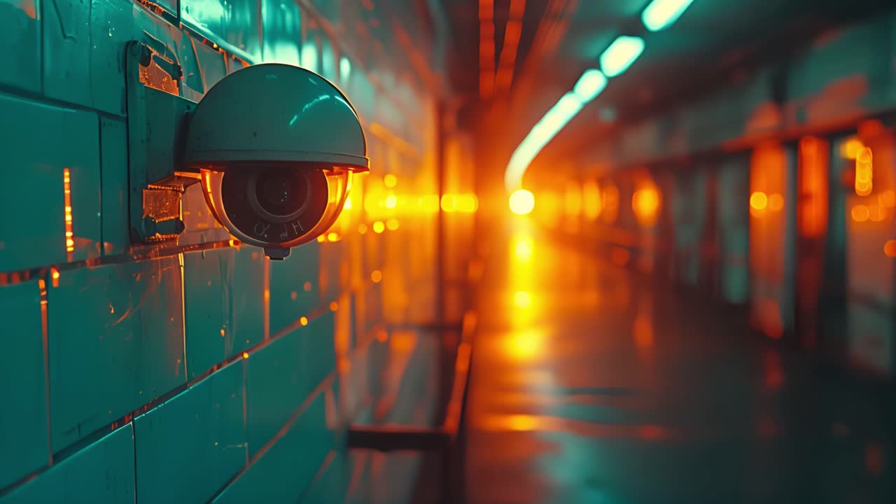Futuristic Corridor with Green Tiles and Orange Glow