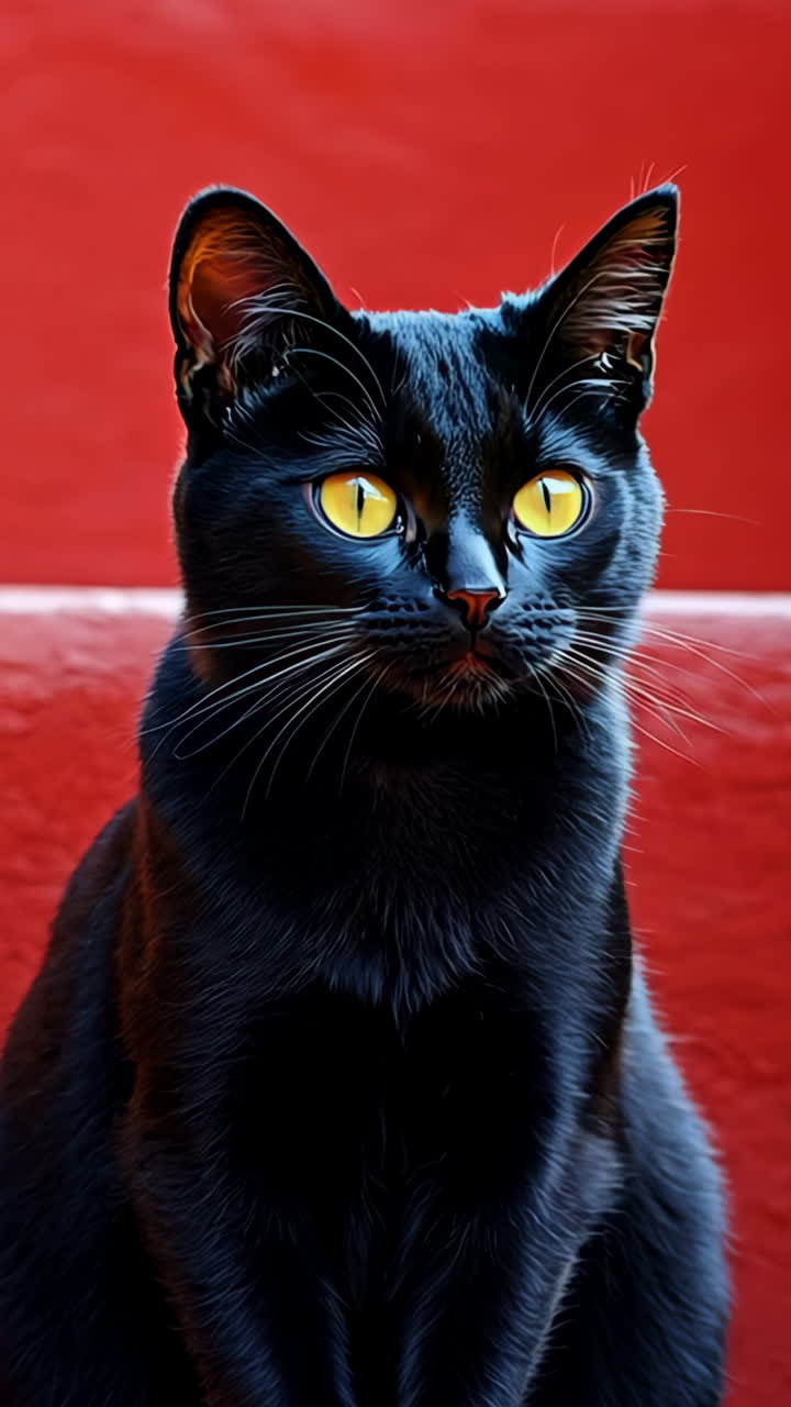 A black cat is sitting on a red staircase. The cat is looking up at the camera. The scene is bright and colorful, with a yellow wall in the background