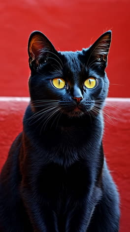 a black cat is sitting on a red staircase. the cat is looking up at the camera. the scene is bright and colorful, with a yellow wall in the background