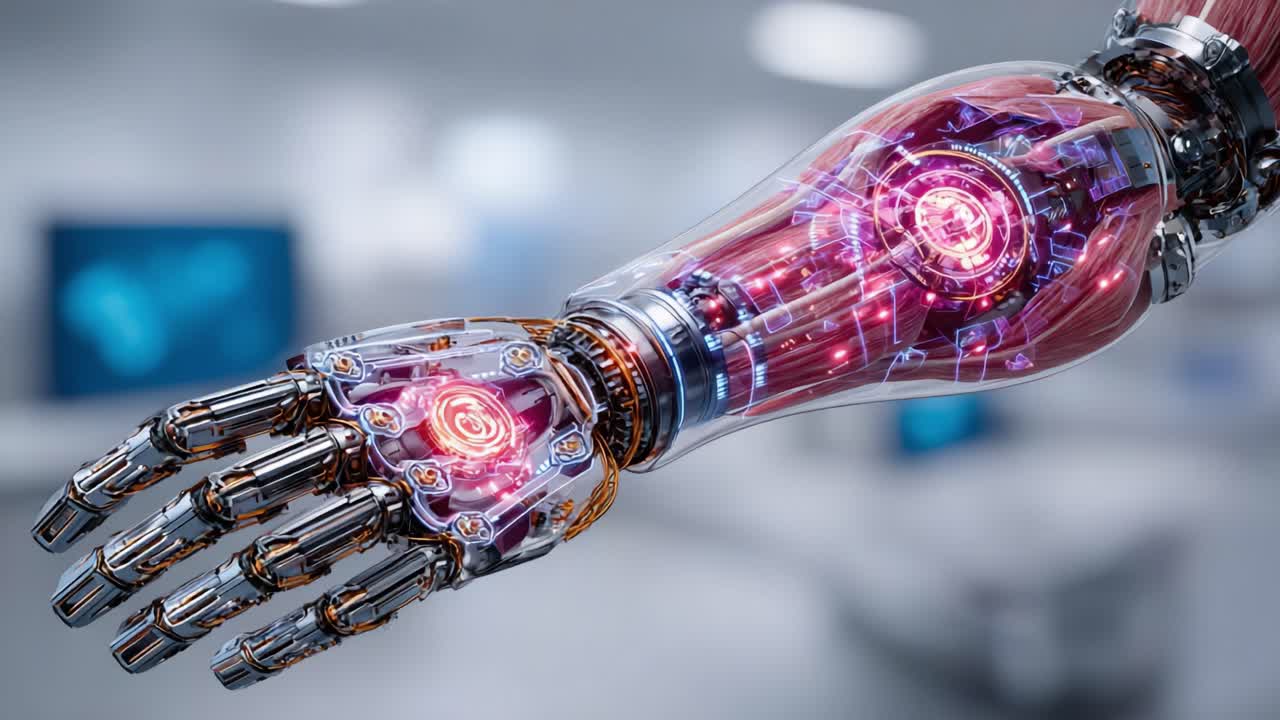 Futuristic Robotic Arm with Advanced Mechanics and Luminous Elements Showcasing Technological Innovation and the Future of Robotics in a High-Tech Environment