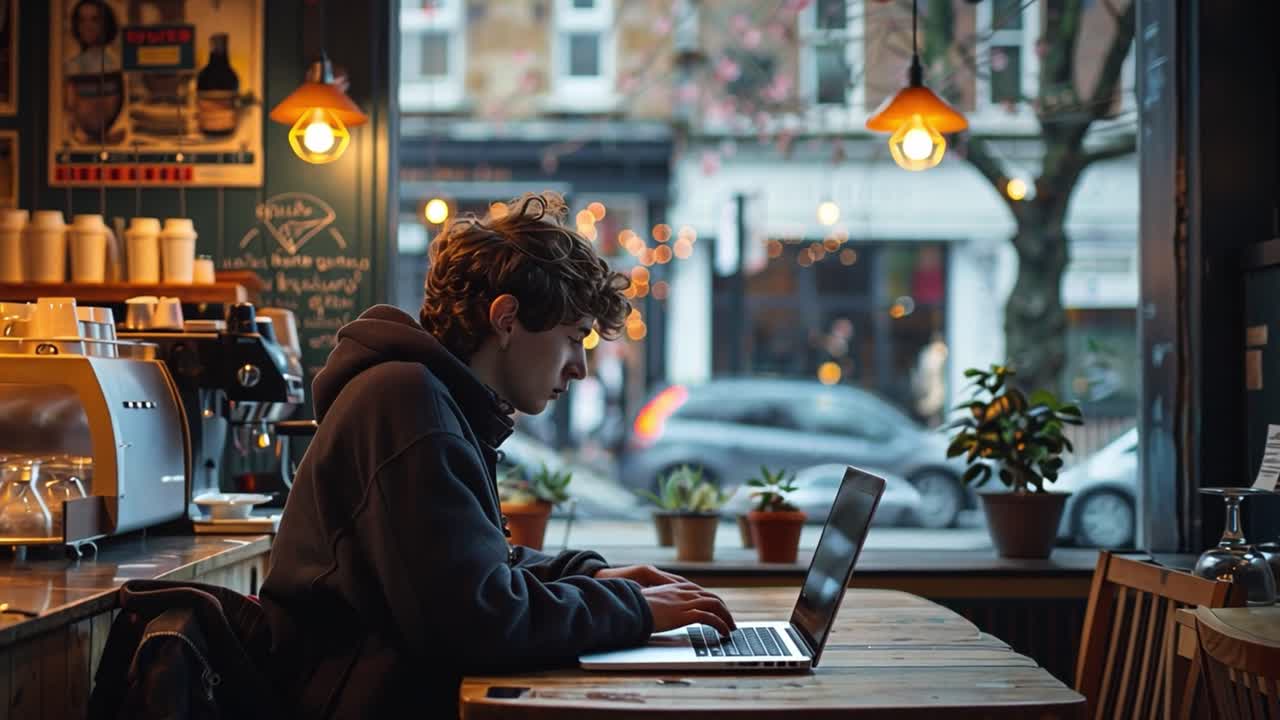 Giovane che lavora al laptop in un caffè accogliente.