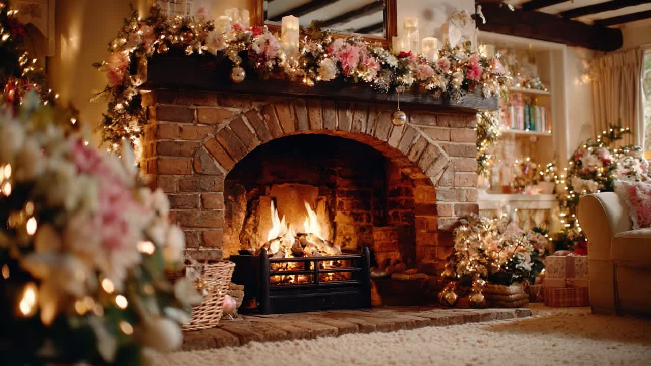 A Cozy Holiday Fireplace Surrounded by Festive Decorations and Soft Lighting, Creating a Warm Atmosphere for the Winter Season