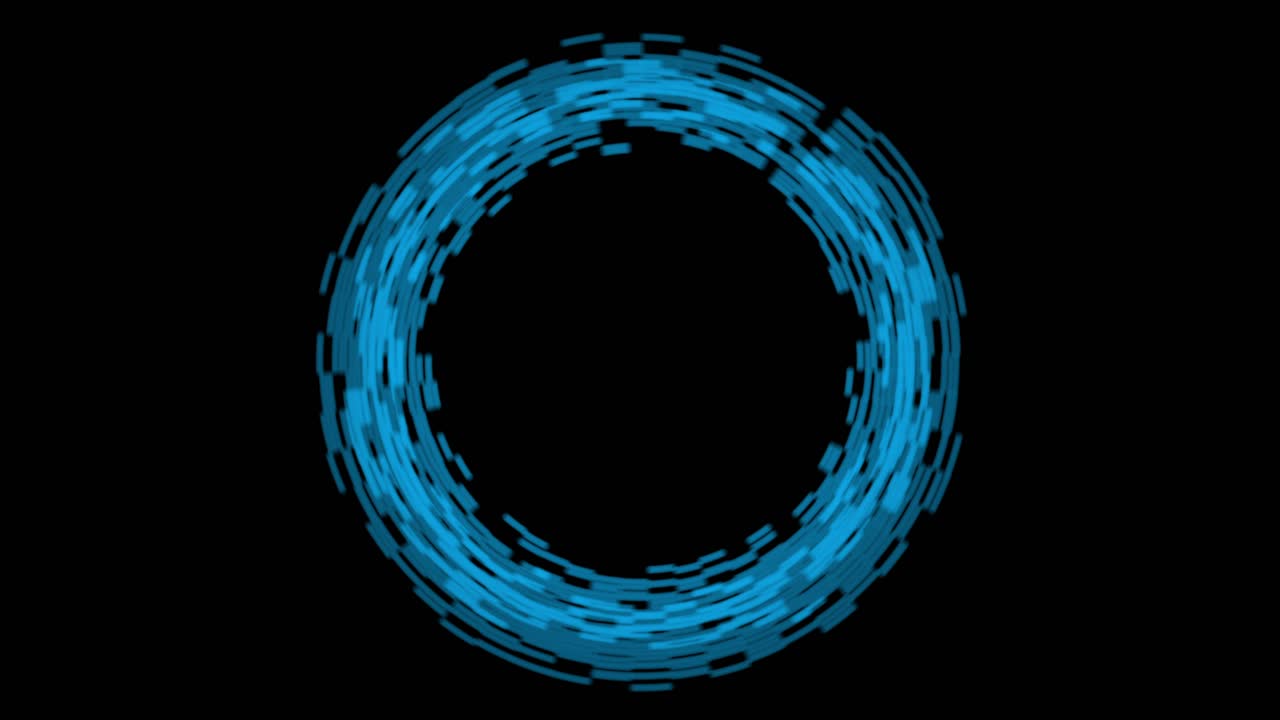 A blue ring made of digital blocks glitches and rotates on a black background. For technology, cybercrime, or futuristic themes