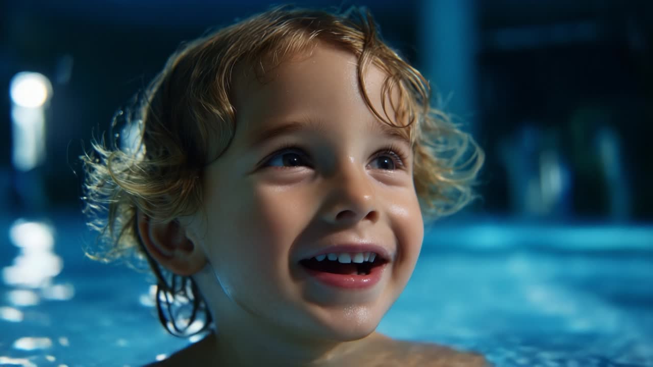 A Joyful Child Swimming in a Pool: Capturing the Innocent Joy of Childhood Laughter and Playfulness in a Bright, Aquatic Setting with a Sparkle in Their Eyes and Water Surrounding Them