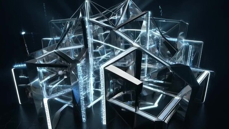 Abstract Geometric Structure with Glowing Light Lines and Reflective Surfaces