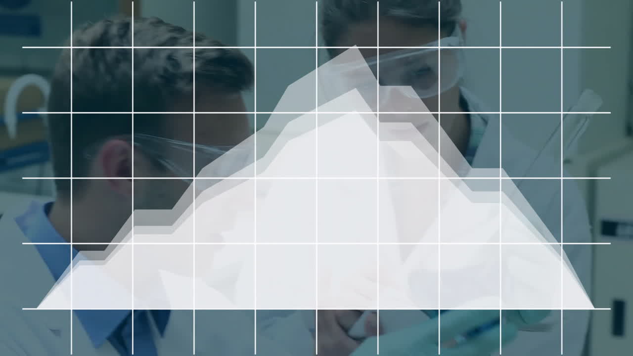 Pair of scientists leaning over microscope in science lab, overlaying area graph and grid lines