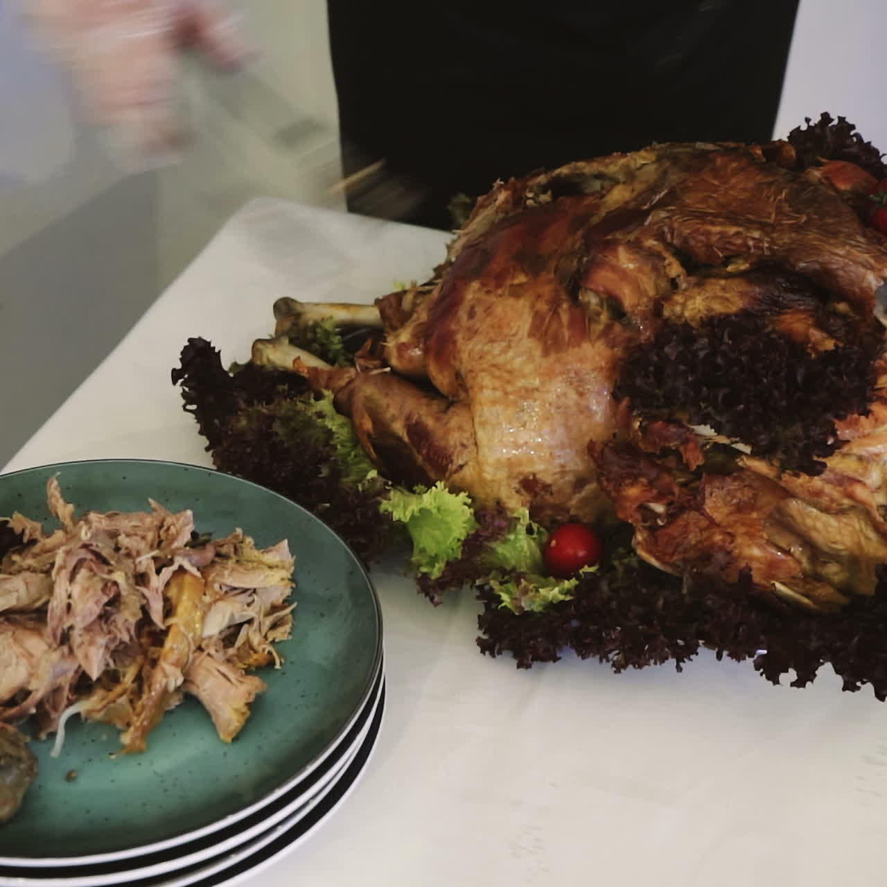 Juicy roast turkey is cut into pieces on Thanksgiving Day. Food. Juicy meat. Sqare video
