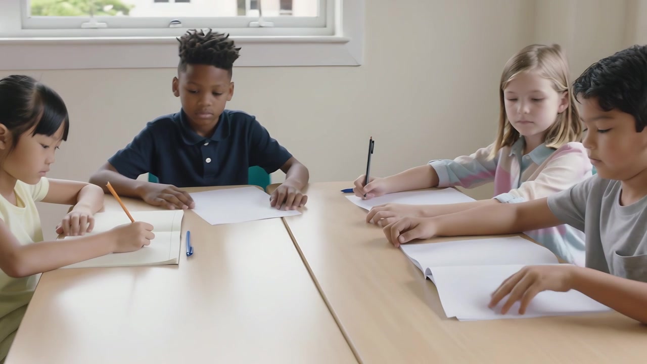 Classwork starting, four children writing and turning pages at school to finish work with notebooks