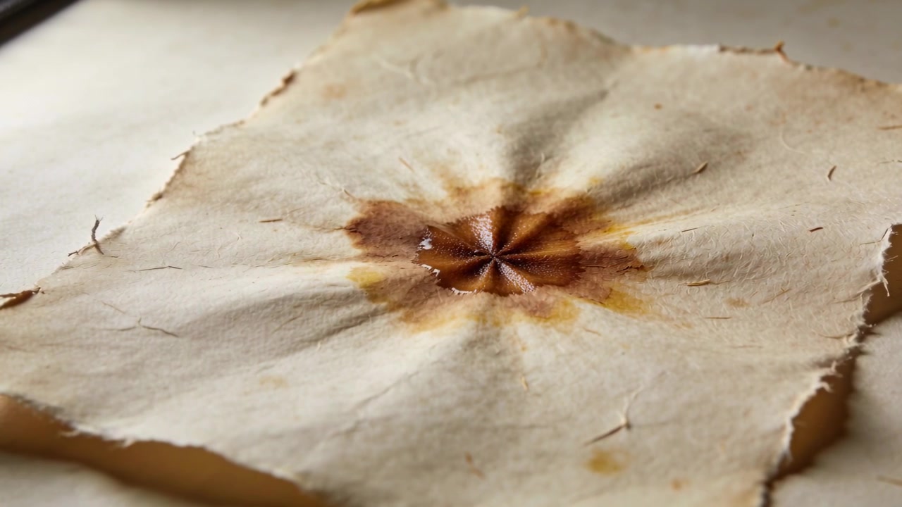 Sitting brown droplet causing torn paper absorbing and folding into radial folds on table by window