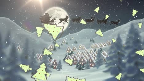 Multiple-christmas-tree-icons-and-snow-falling-over-winter-landscape-against-moon-in-the-night-sky