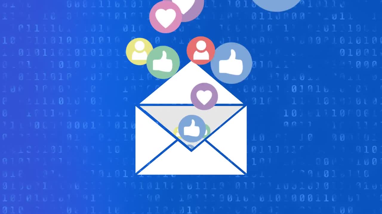 animación del sobre con iconos sobre codificación binaria en fondo azul