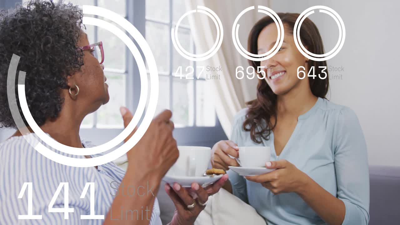 Mother and daughter sipping tea viewing circular finance data overlays showing stock limits