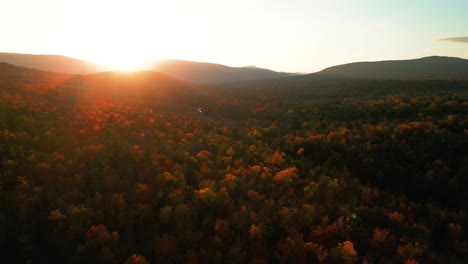 sunset highlights tree canopy of the catskills in fall colors, changing seasons