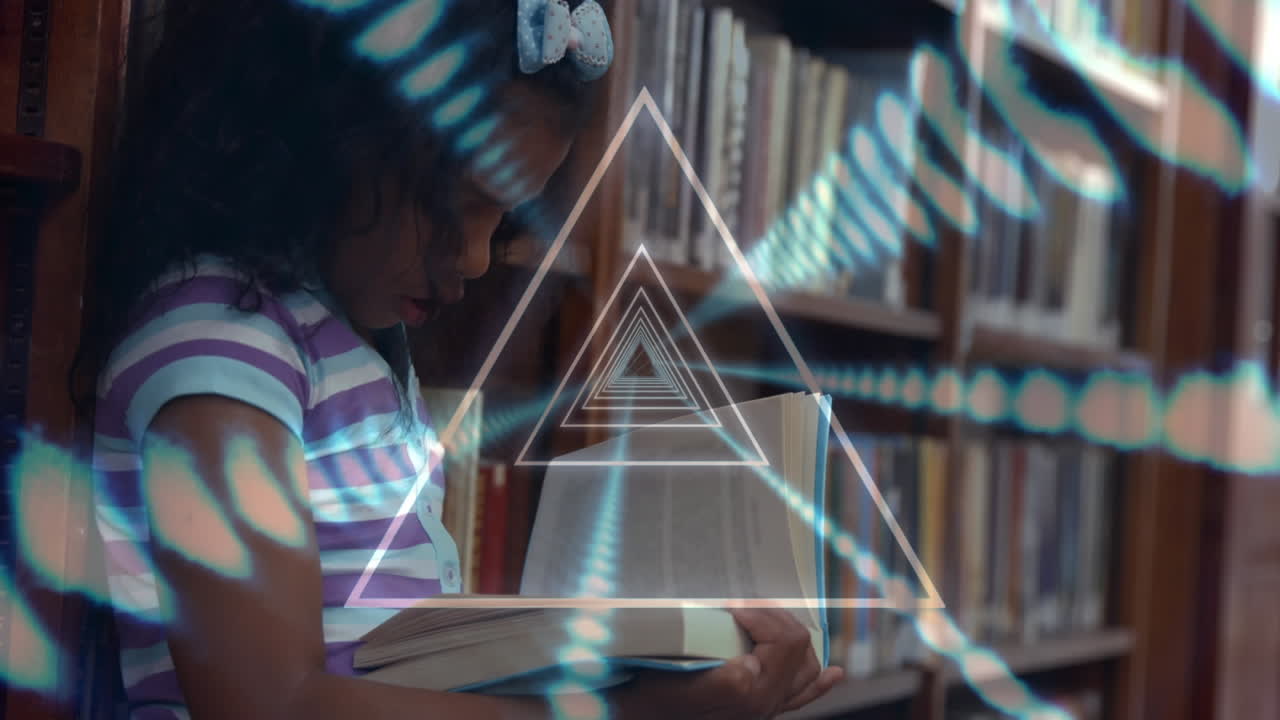 Animation of connections and data processing over schoolgirl reading