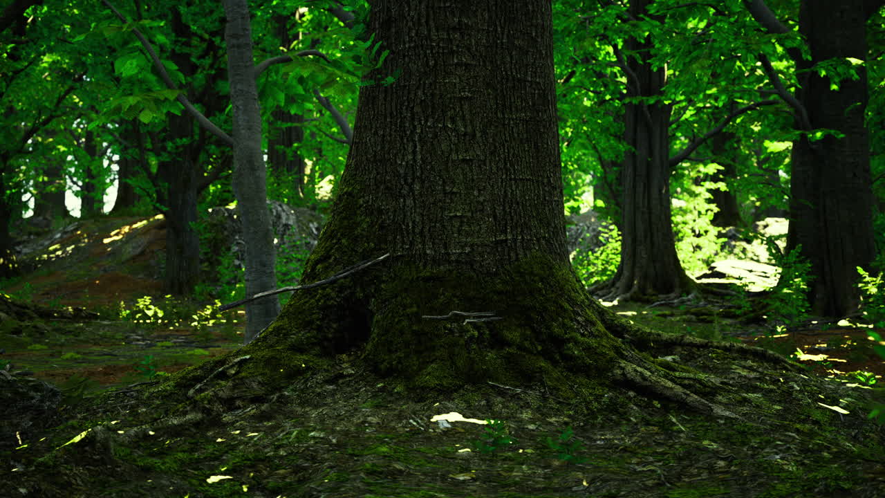 Mysterious tree stands in vibrant forest under gentle sunlight