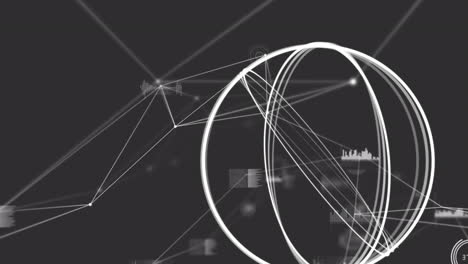 animación de círculos blancos sobre una red de conexiones y procesamiento de datos sobre fondo negro