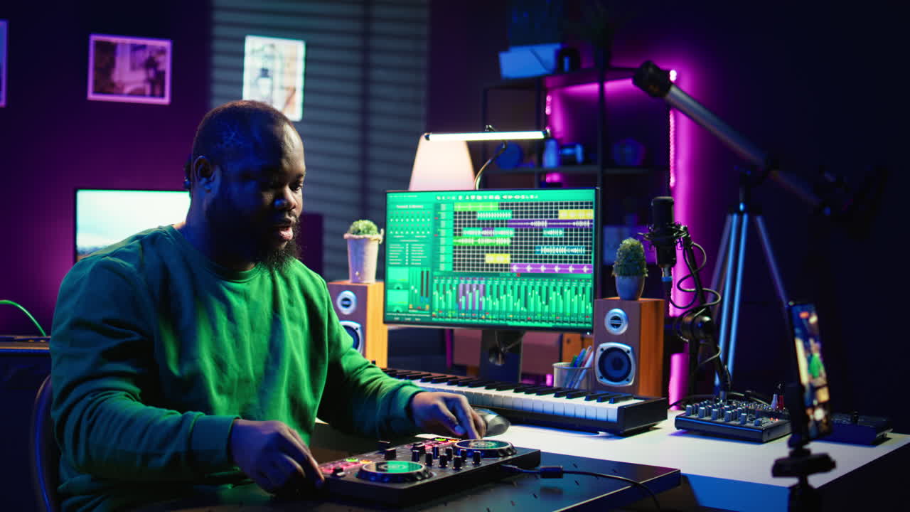 productor de música explicando faders y botones en la consola de mezcla antes de la enseñanza