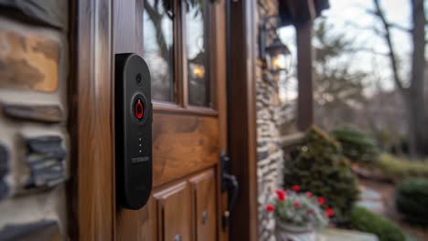 smart home doorbell on wooden door