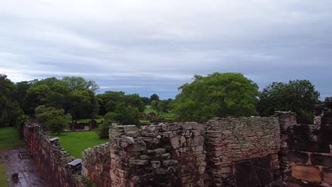 Aerial-reveal-across-iconic-historic-San-ignacio-ruins-in-Argentina-on-cloudy-day