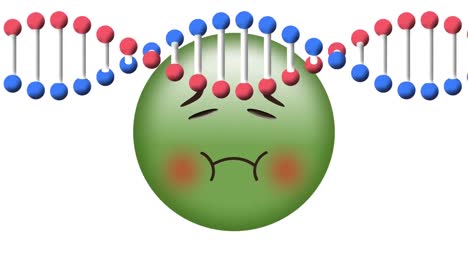 Digitale-Animation-Einer-DNA-Struktur,-Die-Sich-über-Einem-Grünen-Emoji-Mit-Krankem-Gesicht-Auf-Weißem-Hintergrund-Dreht