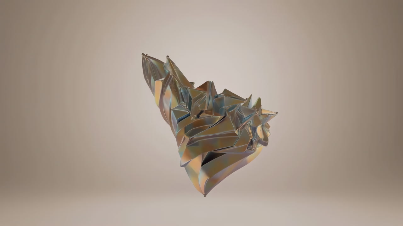 Iridescent Metallic Abstract Sculpture Rotates Slowly In Neutral Studio Under Soft Lighting, Displaying Glossy