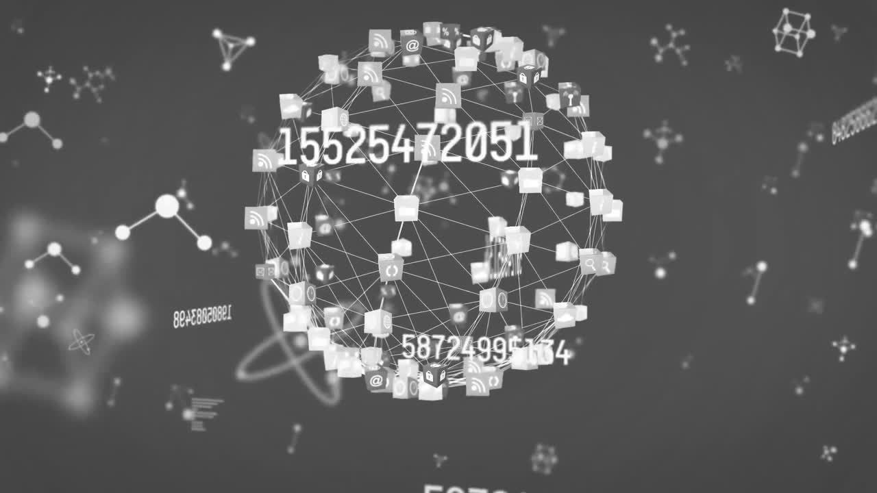 animación de un globo de conexiones y moléculas sobre un fondo negro