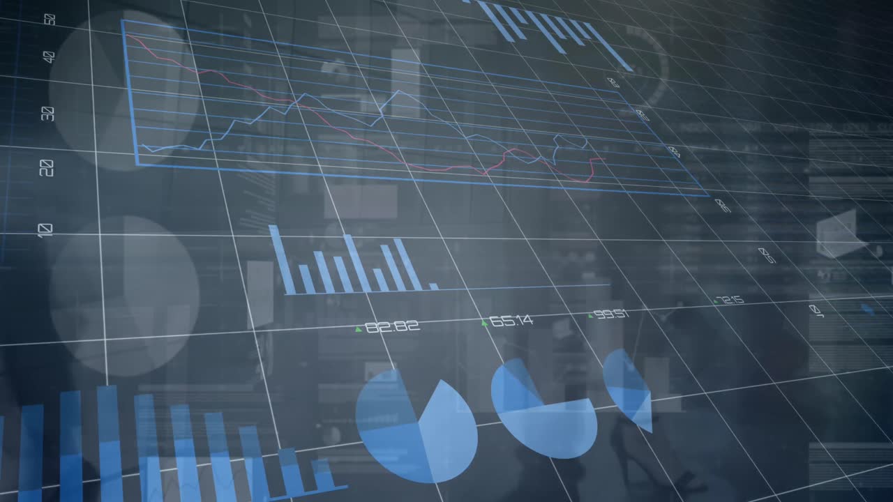 animación del procesamiento de datos financieros sobre diversas personas que caminan