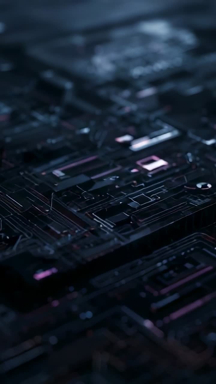 Vertical video: Play causing camera gliding over PCB macro closeup revealing traces and lit nodes