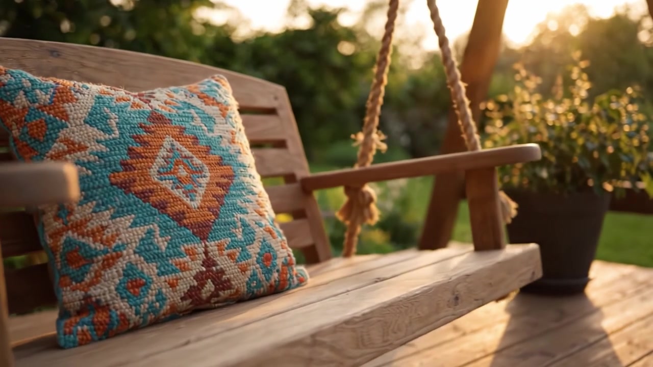 Una serata tranquilla su un'altalena di legno con un cuscino colorato e una vegetazione rigogliosa sullo sfondo, che cattura l'essenza del relax e della bellezza naturale.