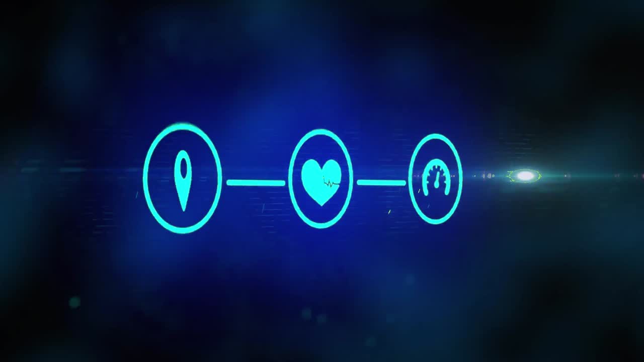 4개의 텍스트, 디지털 아이콘 및 검은색 배경에 대한 연결 네트워크의 아이콘 연결  ⁇