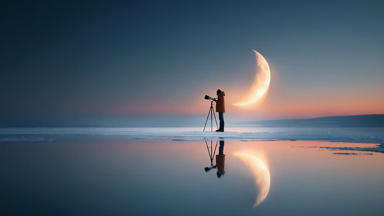 A solitary photographer captures the breathtaking beauty of a crescent moon reflected in icy waters at twilight, creating a serene and tranquil atmosphere amidst nature's artistic display